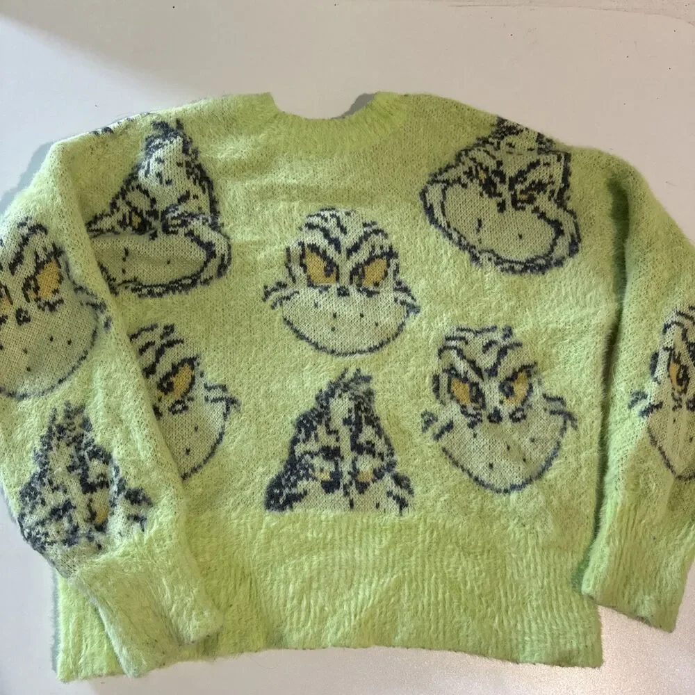 The Grinch By Justice Green Fuzzy Christmas Sweater GIRLS SMALL 7/8